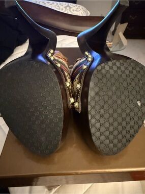Gucci Brown Leather Platform Heeled Sandals with Multicolor Straps